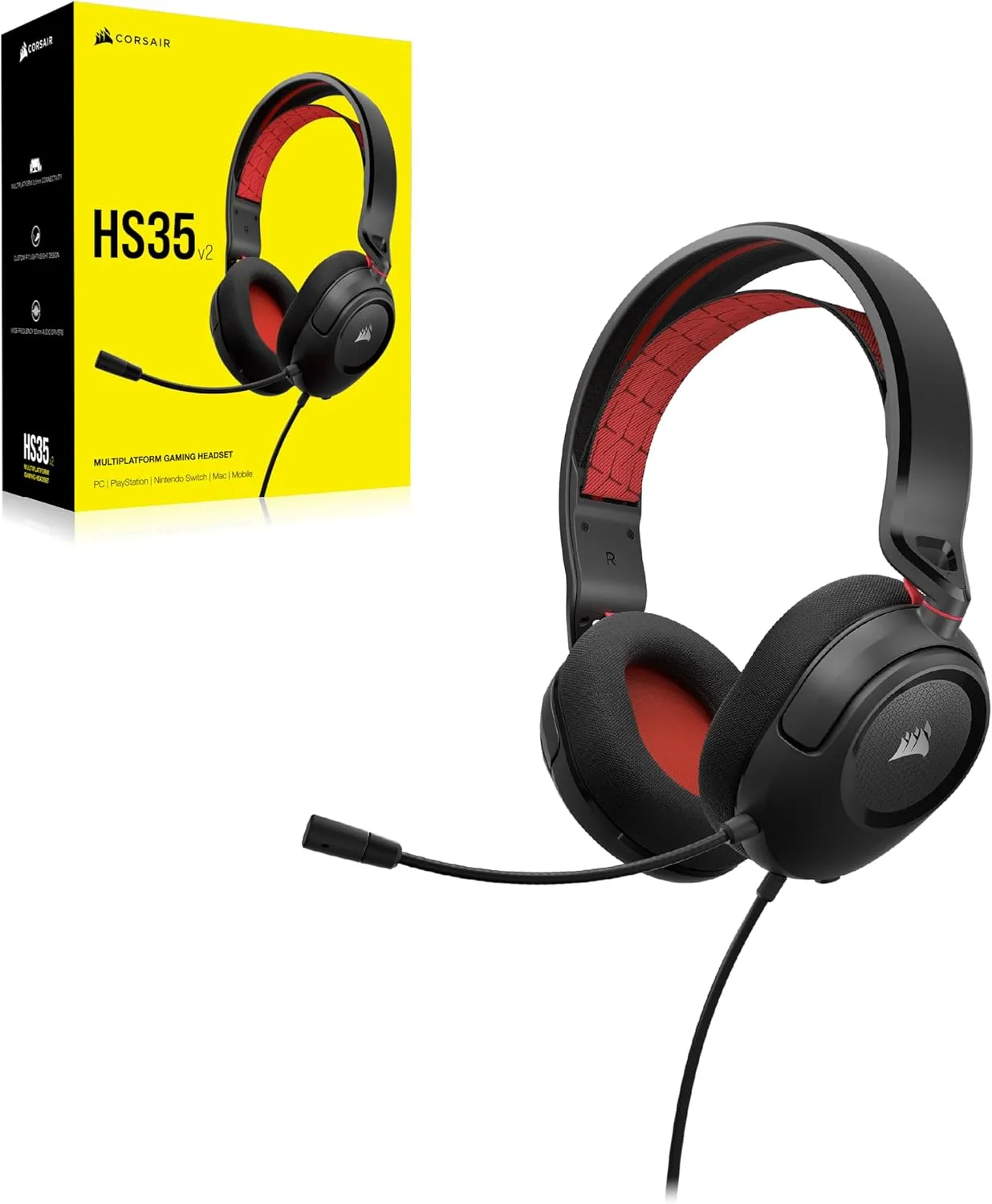 Corsair HS35 v2 Multiplatform Wired Gaming Headset – Flexible Omni-Directional Microphone – Universal 3.5mm Connection – PC, Mac, PS5, PS4, Xbox, Nintendo Switch, Mobile – Red