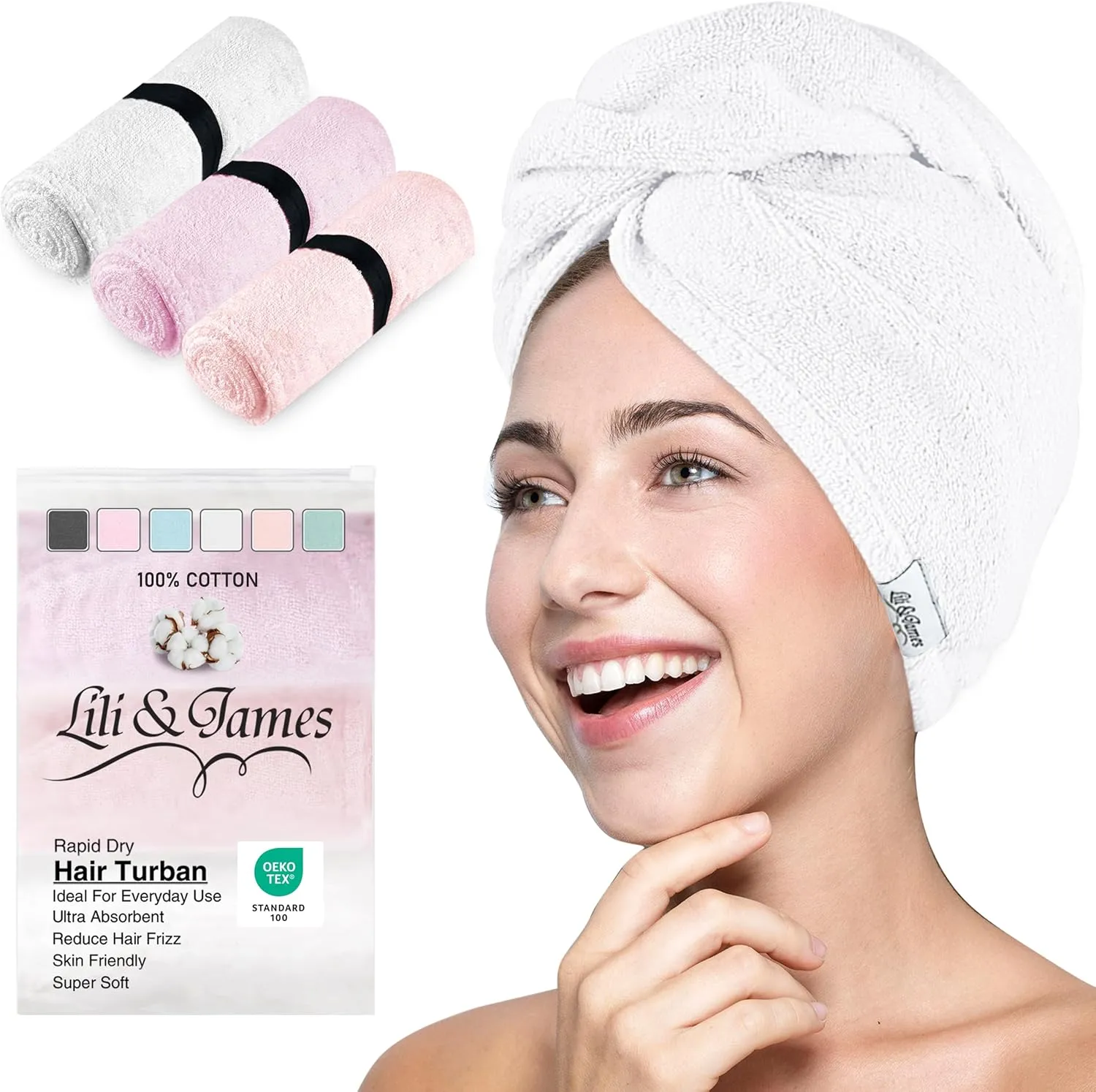 Cotton Hair Towel Wrap for Women/Kids | Quick Dry, Soft & Absorbent 420 GSM Hair Wrap Towels with Double Button | Anti Frizz, Non Microfiber Hair Turbans for Curly, Long Hair (White Pink Lilac)