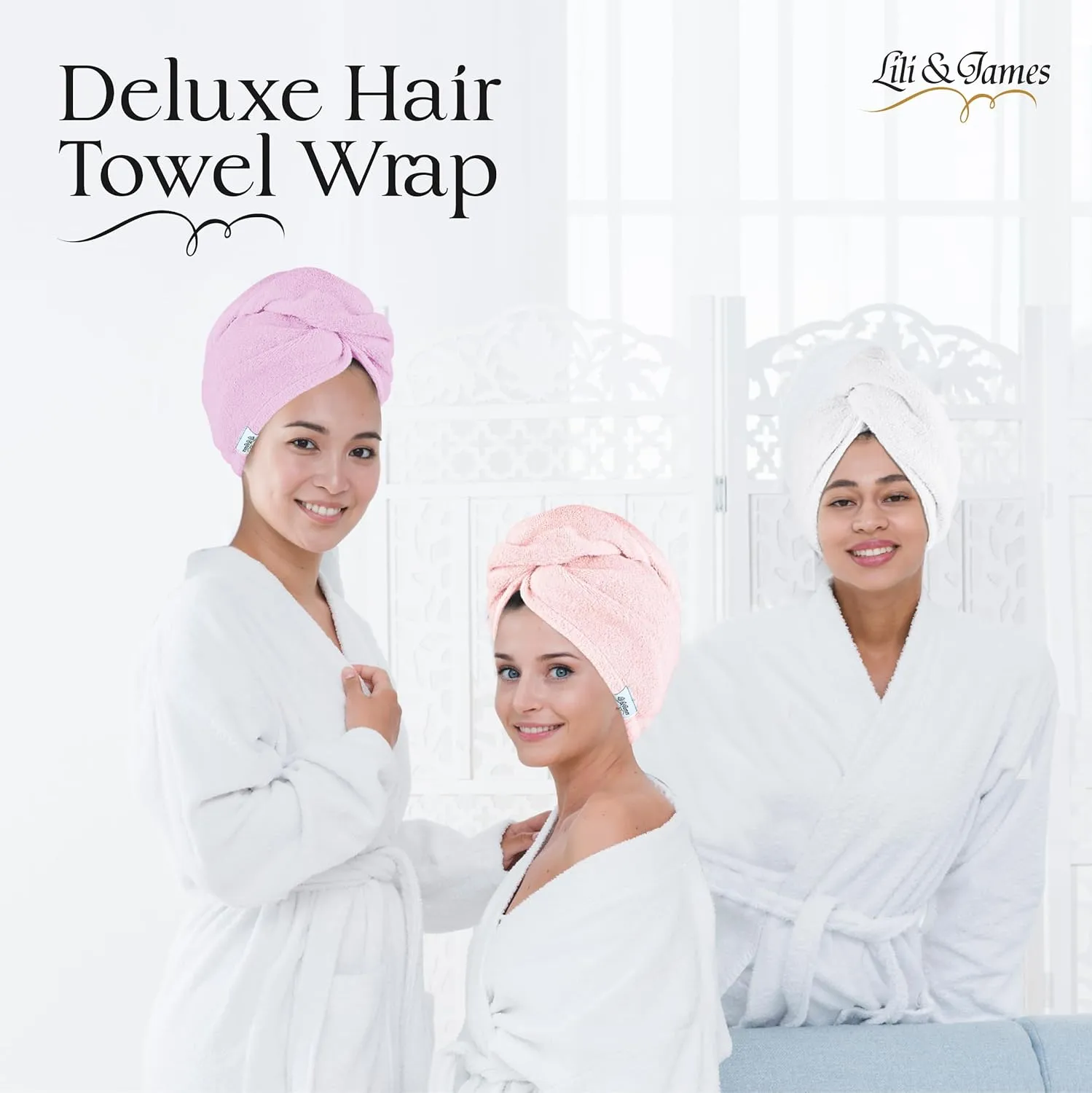 Cotton Hair Towel Wrap for Women/Kids | Quick Dry, Soft & Absorbent 420 GSM Hair Wrap Towels with Double Button | Anti Frizz, Non Microfiber Hair Turbans for Curly, Long Hair (White Pink Lilac)