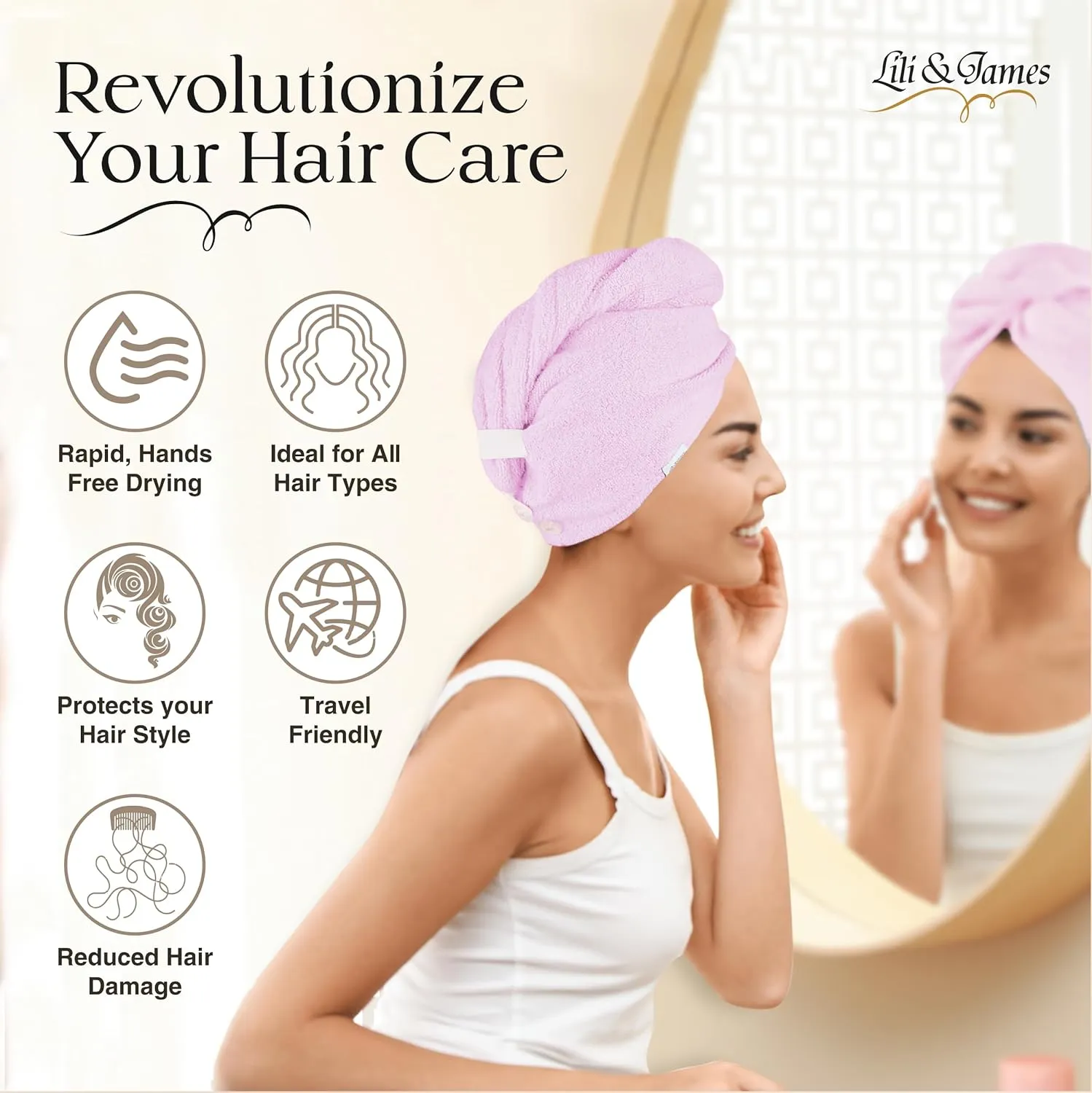 Cotton Hair Towel Wrap for Women/Kids | Quick Dry, Soft & Absorbent 420 GSM Hair Wrap Towels with Double Button | Anti Frizz, Non Microfiber Hair Turbans for Curly, Long Hair (White Pink Lilac)