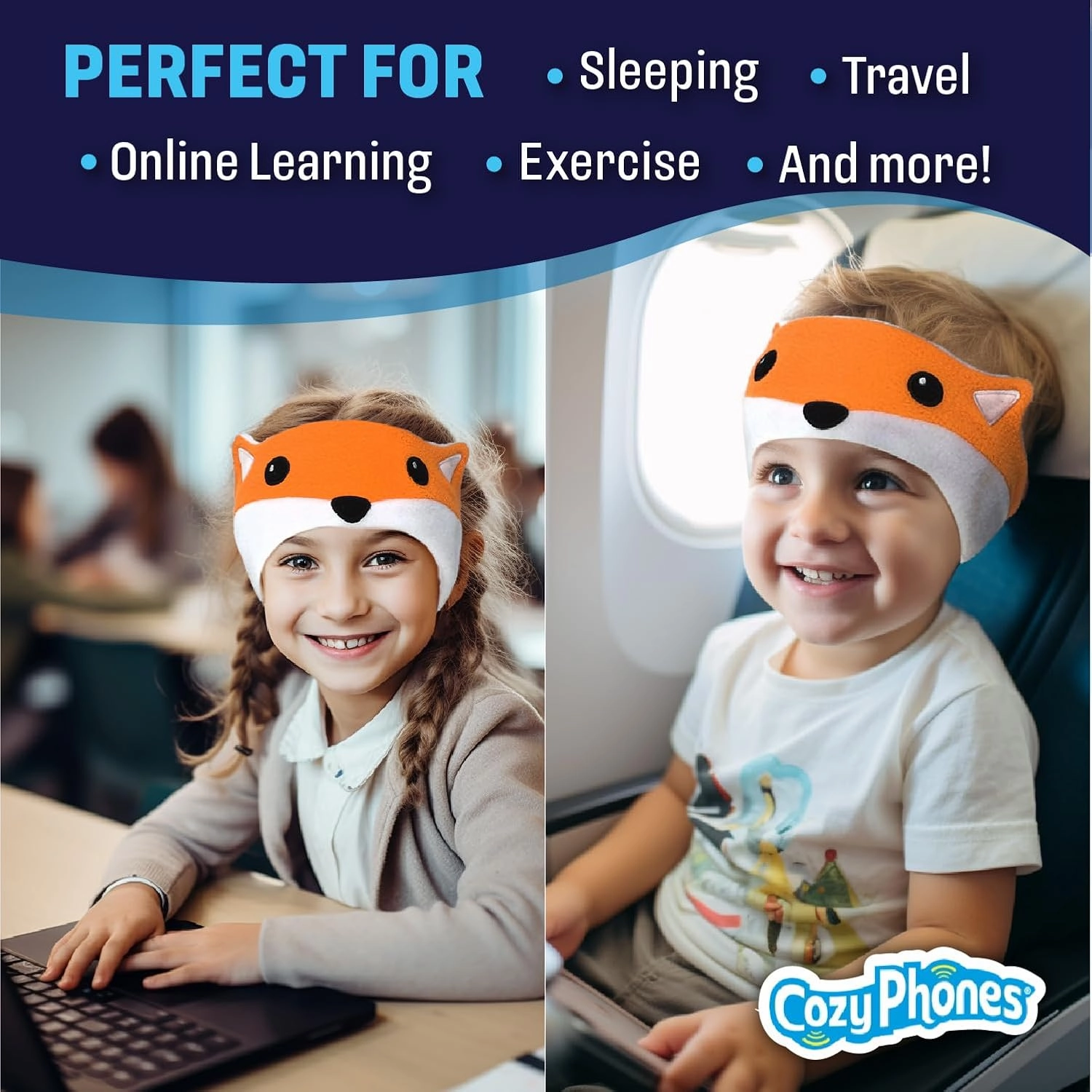 CozyPhones Kids Headphones Volume Limited with Thin Speakers & Super Soft Fleece Headband - Perfect Toddlers & Children's Earphones for Home, School & Travel - Fox