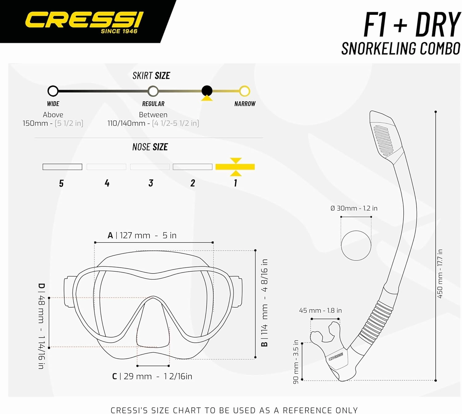 Cressi Scuba Diving Snorkeling Kit - Freediving Mask & Dry Snorkel - F1 & Supernova Dry: Designed in Italy
