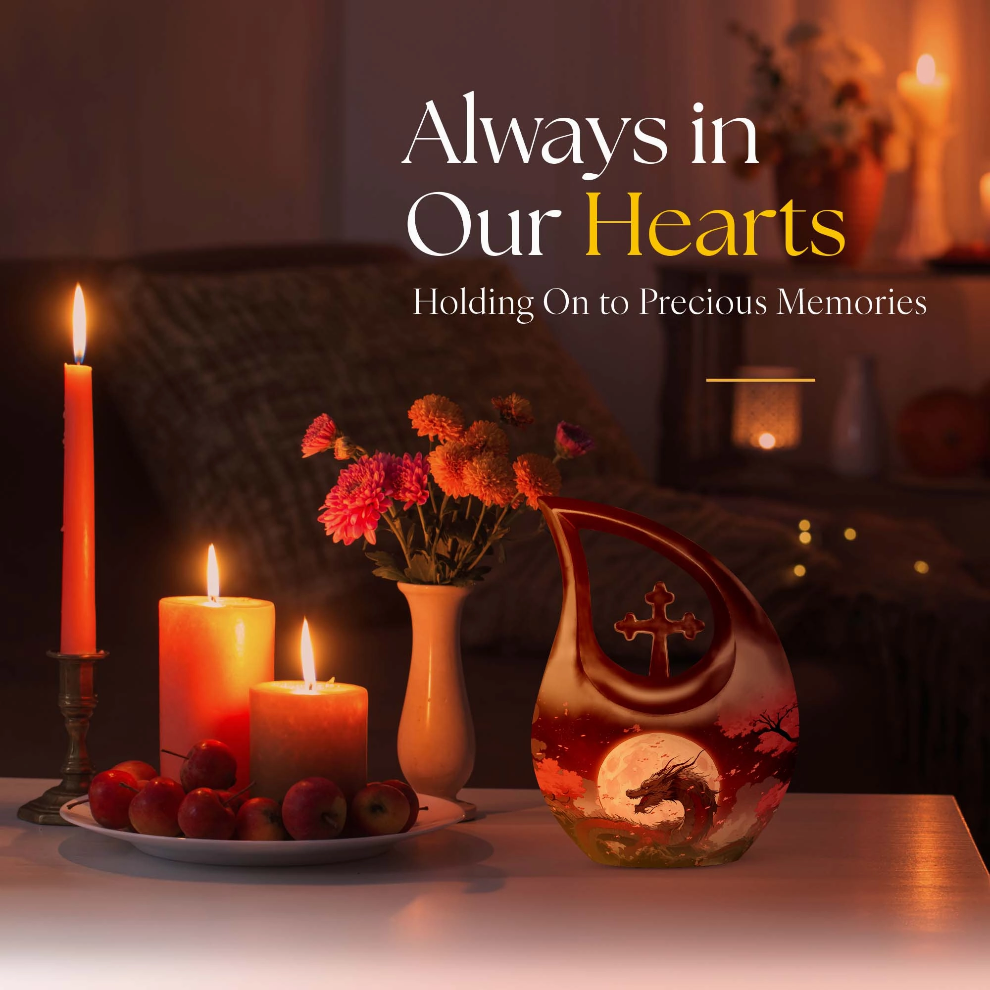 Crimson Moonrise Keepsake: Twin Capacity Memorial Urn