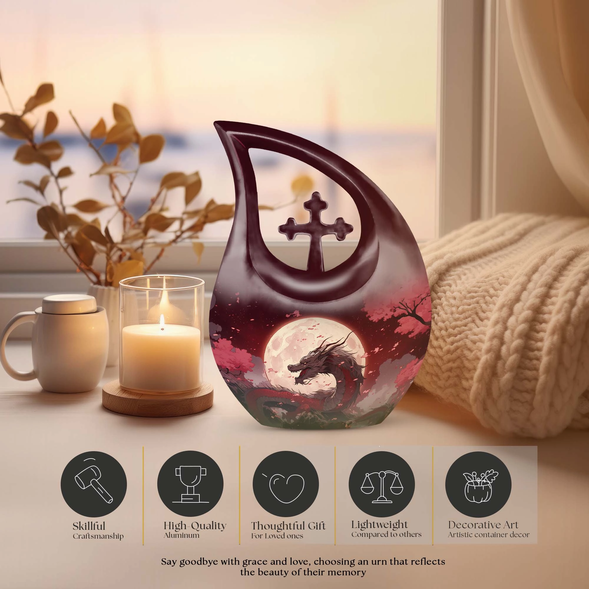 Crimson Moonrise Keepsake: Twin Capacity Memorial Urn