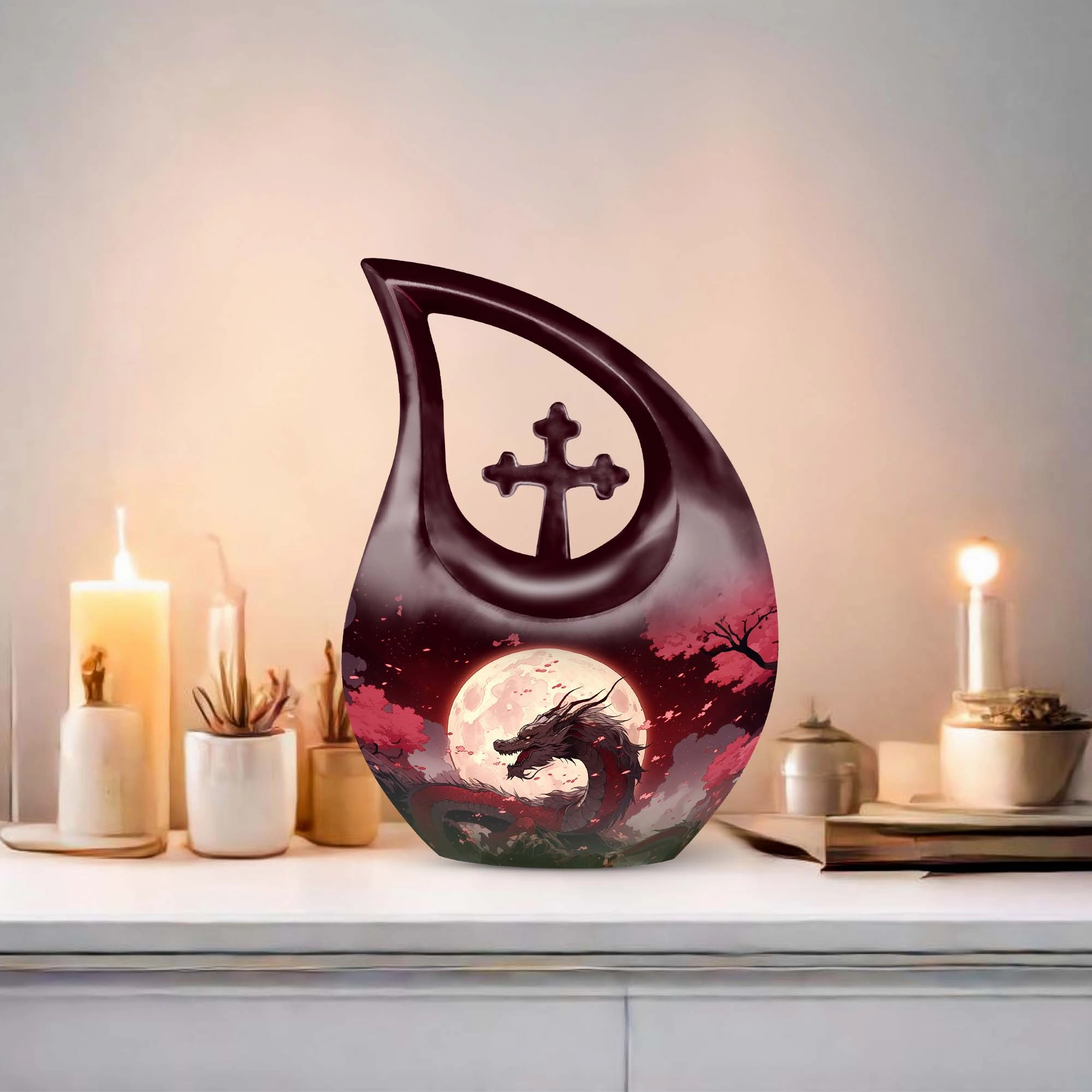 Crimson Moonrise Keepsake: Twin Capacity Memorial Urn