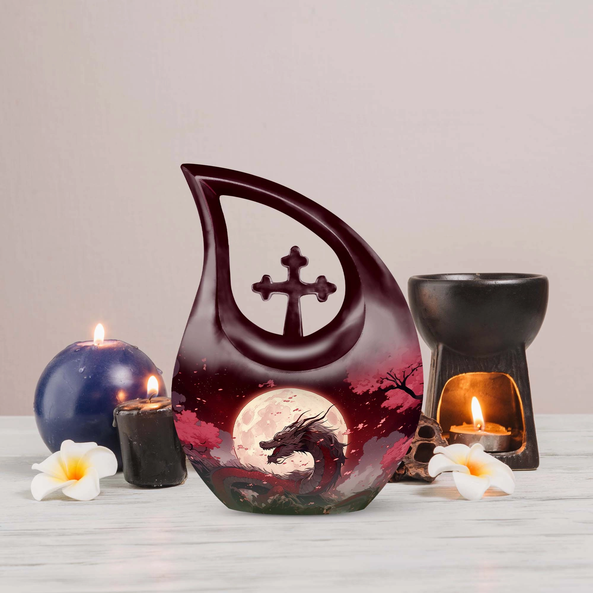 Crimson Moonrise Keepsake: Twin Capacity Memorial Urn