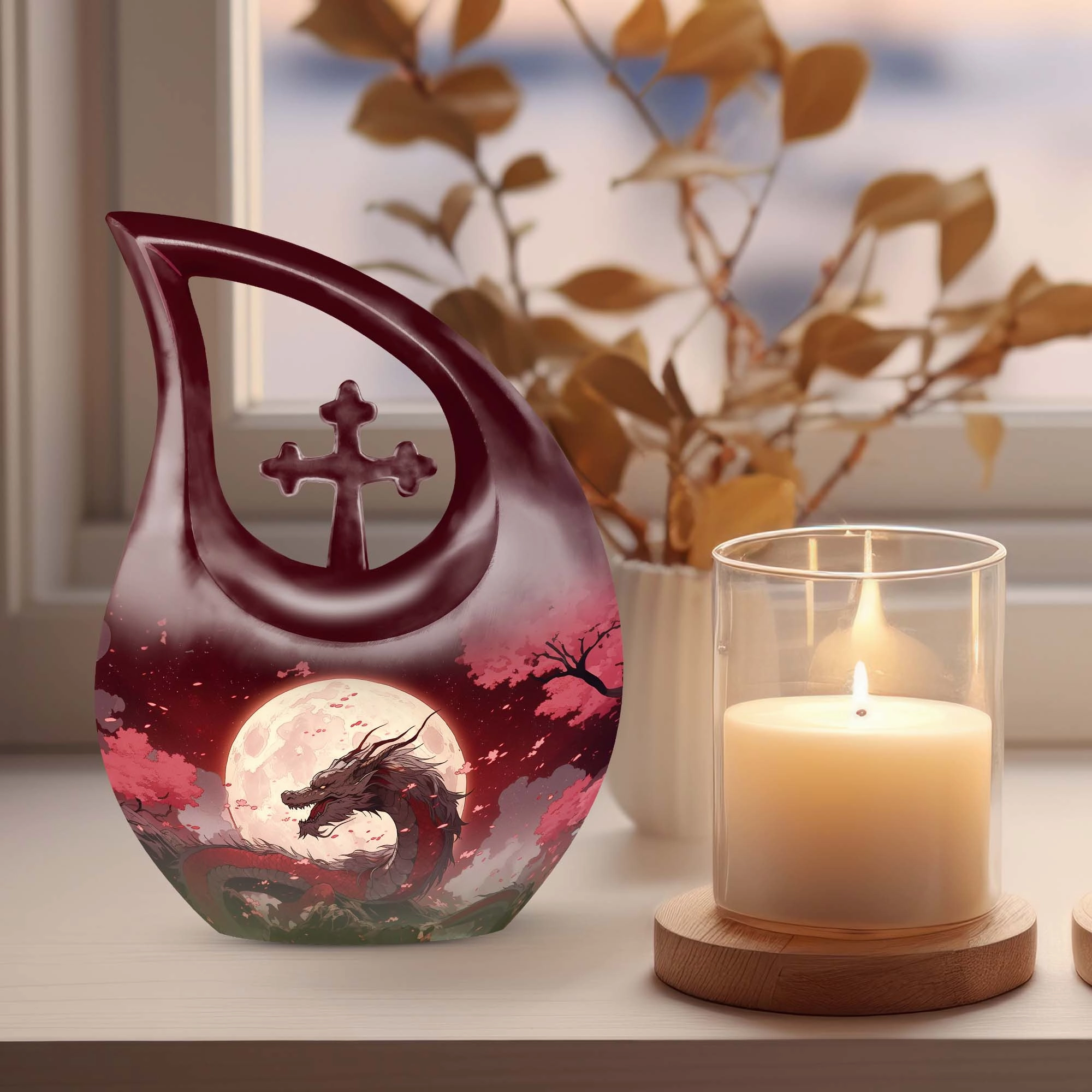 Crimson Moonrise Keepsake: Twin Capacity Memorial Urn