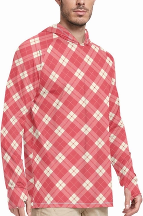 Crimson Plaid Mens Sun Hoodie Shirts UV Protection Long Sleeve UPF 50   Mens Sun Shirt Beach Hoodie UV Rashguard for Men