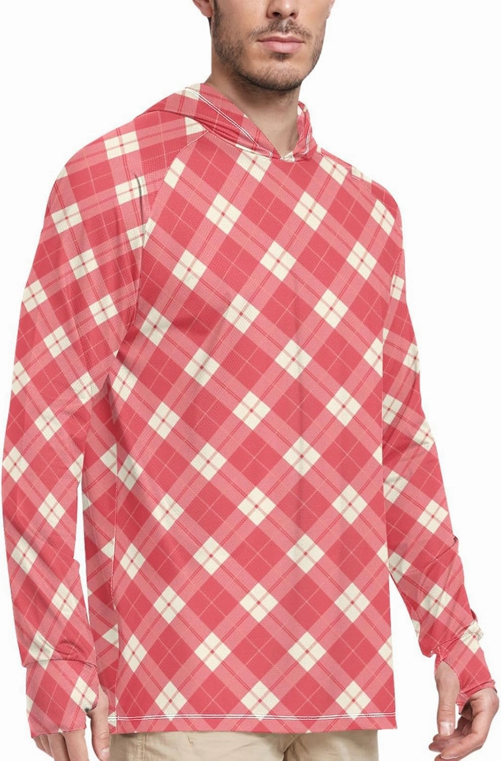 Crimson Plaid Mens Sun Hoodie Shirts UV Protection Long Sleeve UPF 50   Mens Sun Shirt Beach Hoodie UV Rashguard for Men