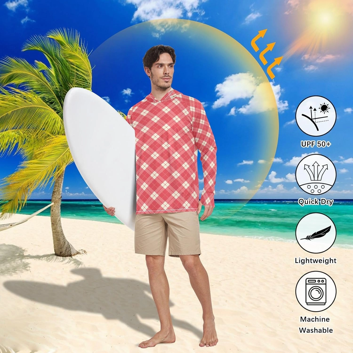 Crimson Plaid Mens Sun Hoodie Shirts UV Protection Long Sleeve UPF 50   Mens Sun Shirt Beach Hoodie UV Rashguard for Men