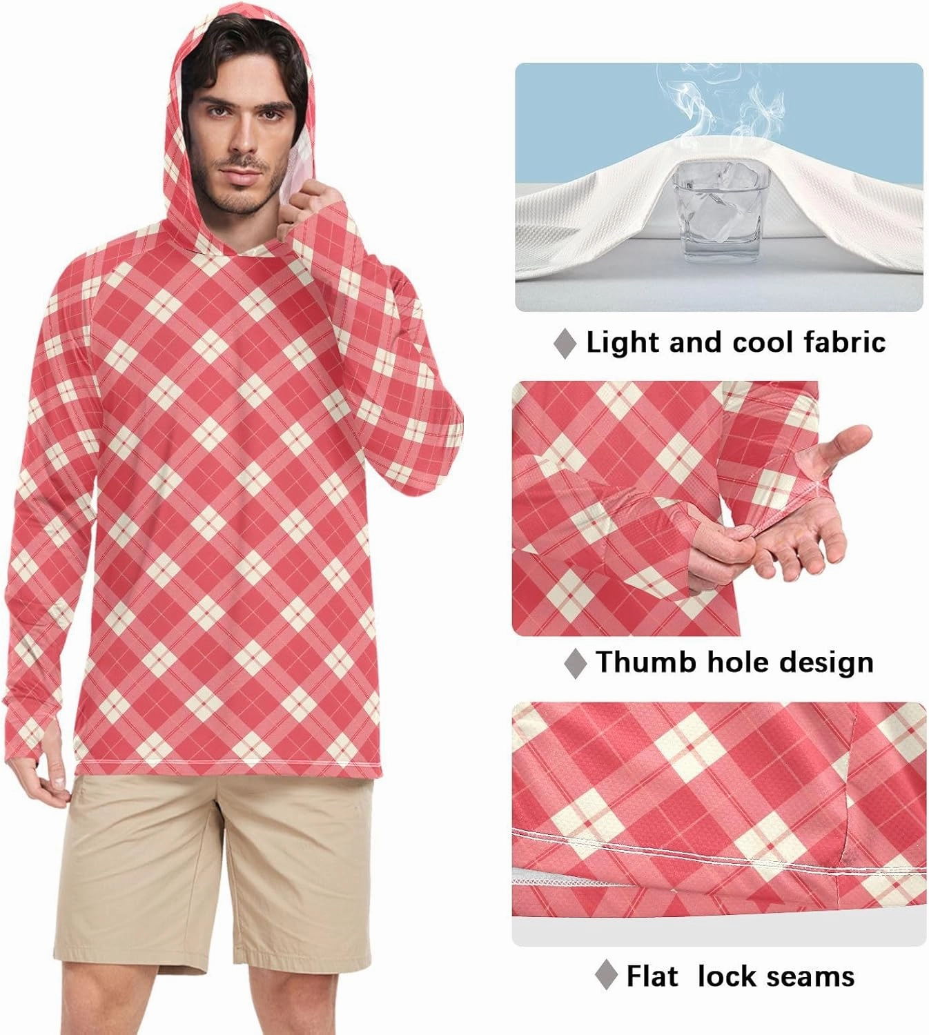 Crimson Plaid Mens Sun Hoodie Shirts UV Protection Long Sleeve UPF 50   Mens Sun Shirt Beach Hoodie UV Rashguard for Men