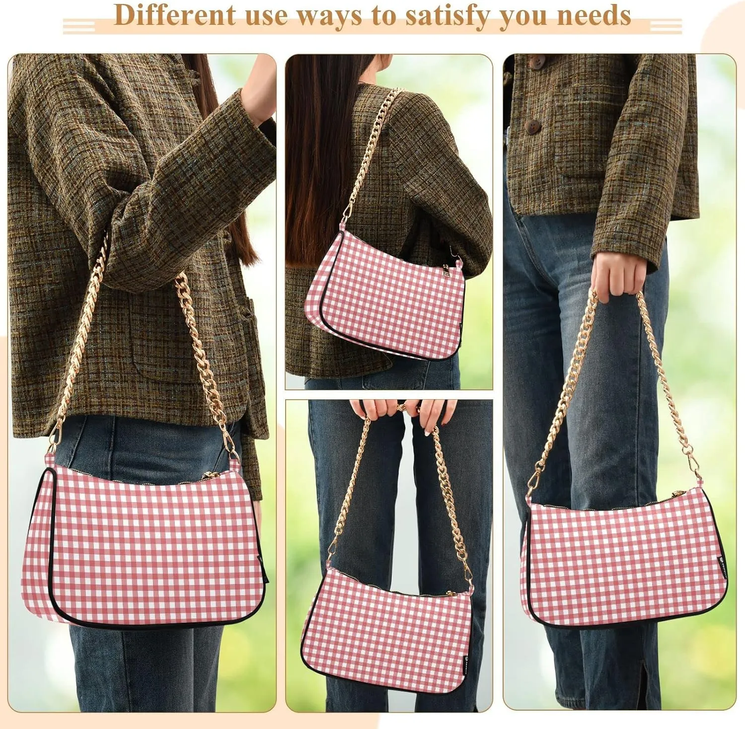 Cross Body Bag Gingham Red White Tote Bag Chain Bag Shoulder Bag Handbag Purse for Women