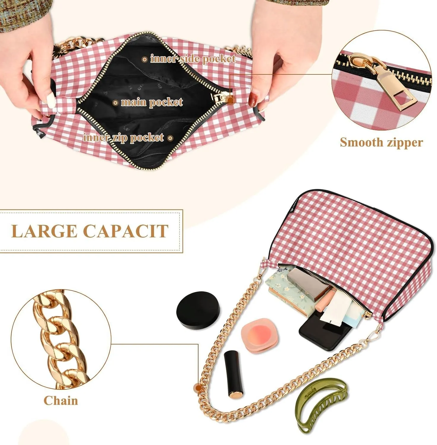 Cross Body Bag Gingham Red White Tote Bag Chain Bag Shoulder Bag Handbag Purse for Women