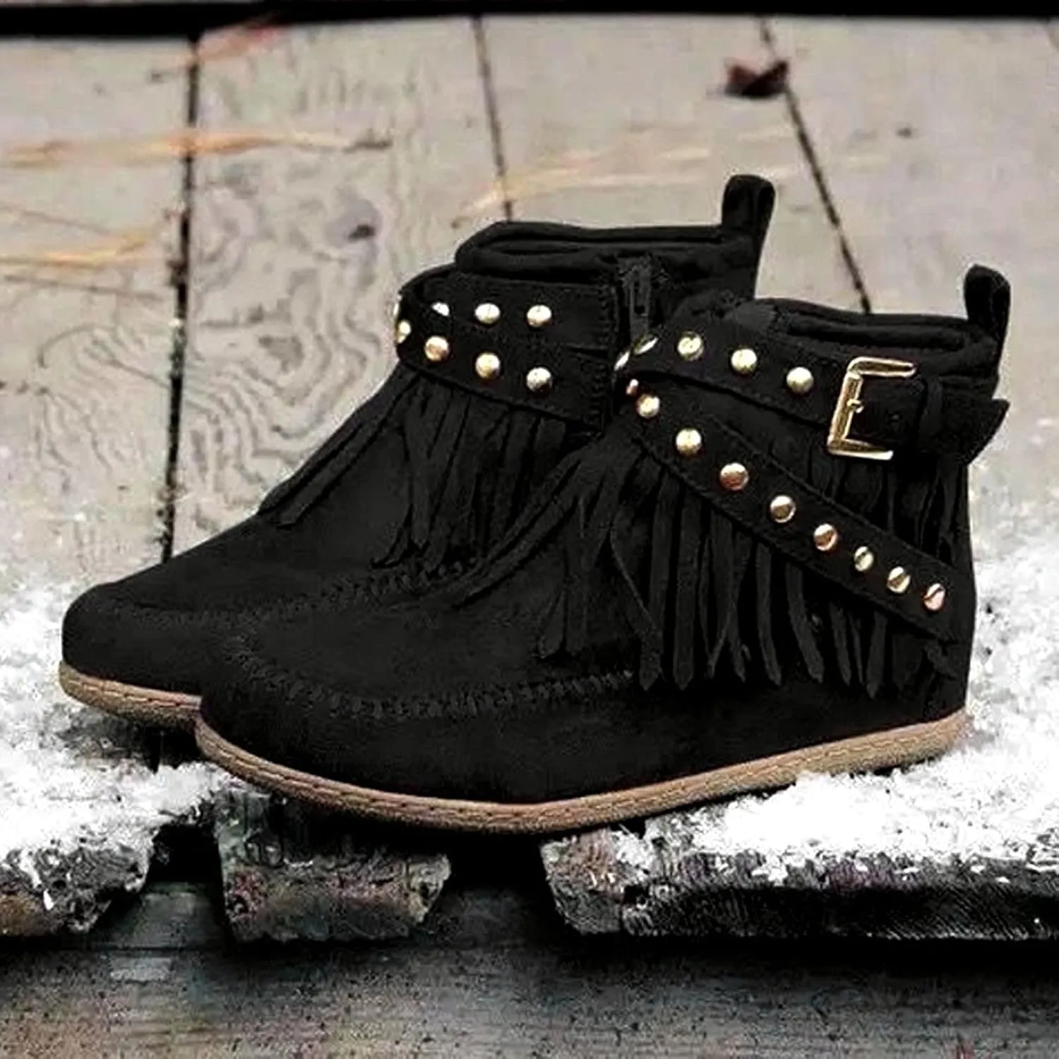 Crzidha Ankle Boots for Women,Classic Tassel Booties,Classic Western Country Booties, Buckle Strap Short Boots,Suede Round Toe Falt Boots,Comfy Snow Warm Work Walking Shoes
