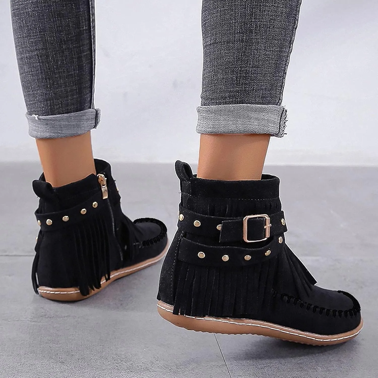 Crzidha Ankle Boots for Women,Classic Tassel Booties,Classic Western Country Booties, Buckle Strap Short Boots,Suede Round Toe Falt Boots,Comfy Snow Warm Work Walking Shoes