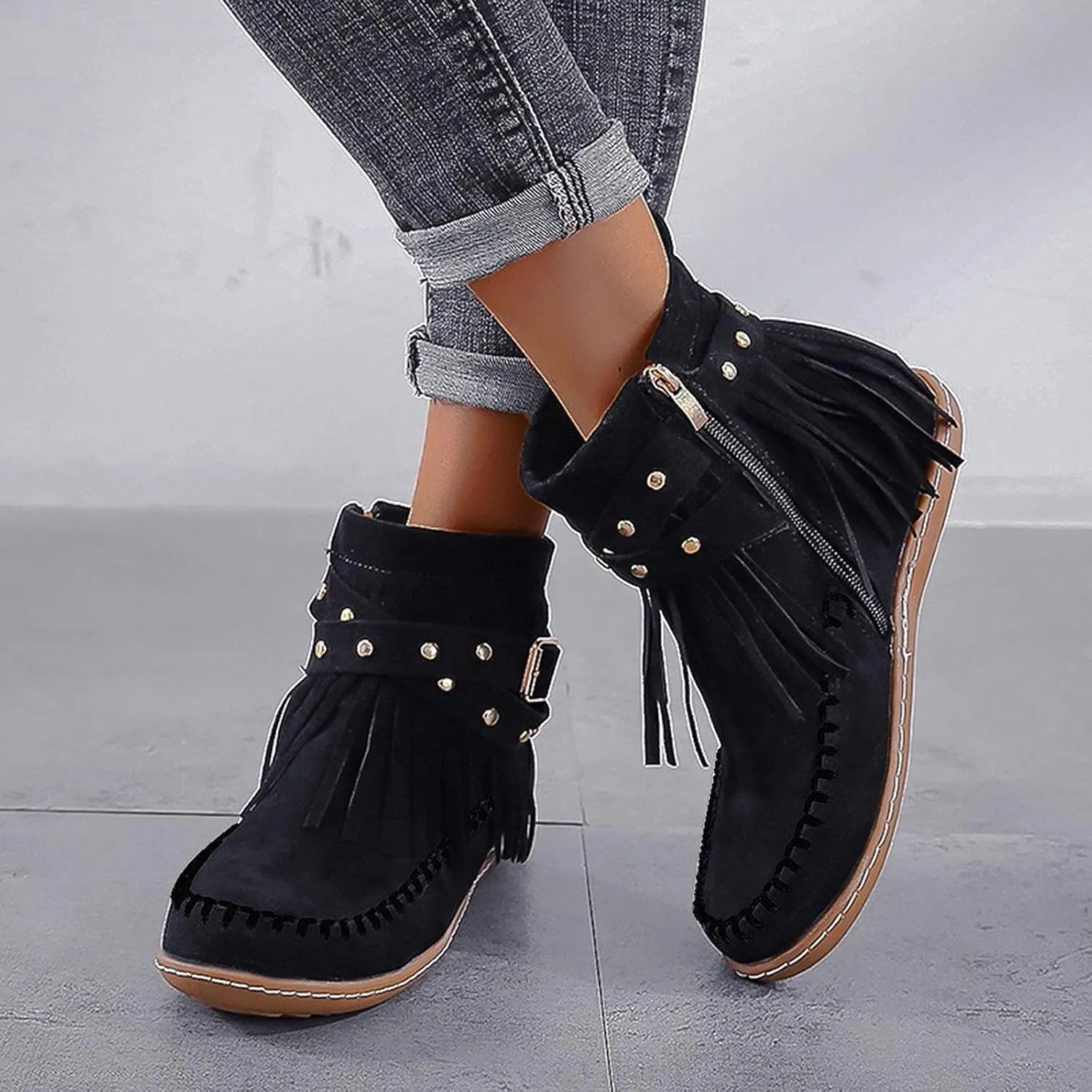 Crzidha Ankle Boots for Women,Classic Tassel Booties,Classic Western Country Booties, Buckle Strap Short Boots,Suede Round Toe Falt Boots,Comfy Snow Warm Work Walking Shoes