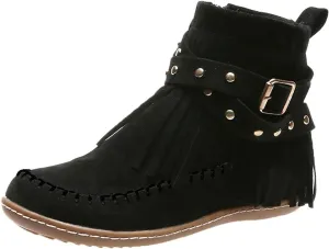 Crzidha Ankle Boots for Women,Classic Tassel Booties,Classic Western Country Booties, Buckle Strap Short Boots,Suede Round Toe Falt Boots,Comfy Snow Warm Work Walking Shoes