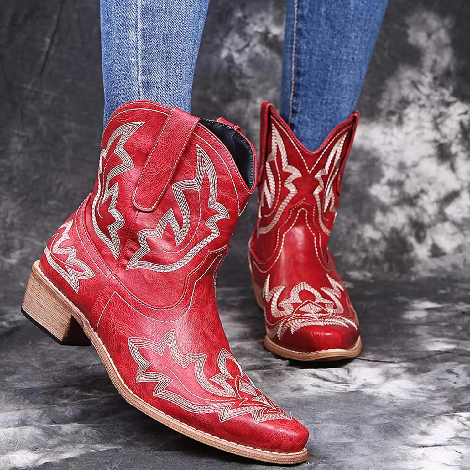 Crzidha Cowboy Boots Women,Solid Suede Pull On Tabs Ankle Boots Almond Toe Chunky Mid Heel Booties Classic Western Country Cowgirl Boots for Women Snow Winter Fall Party Shoes
