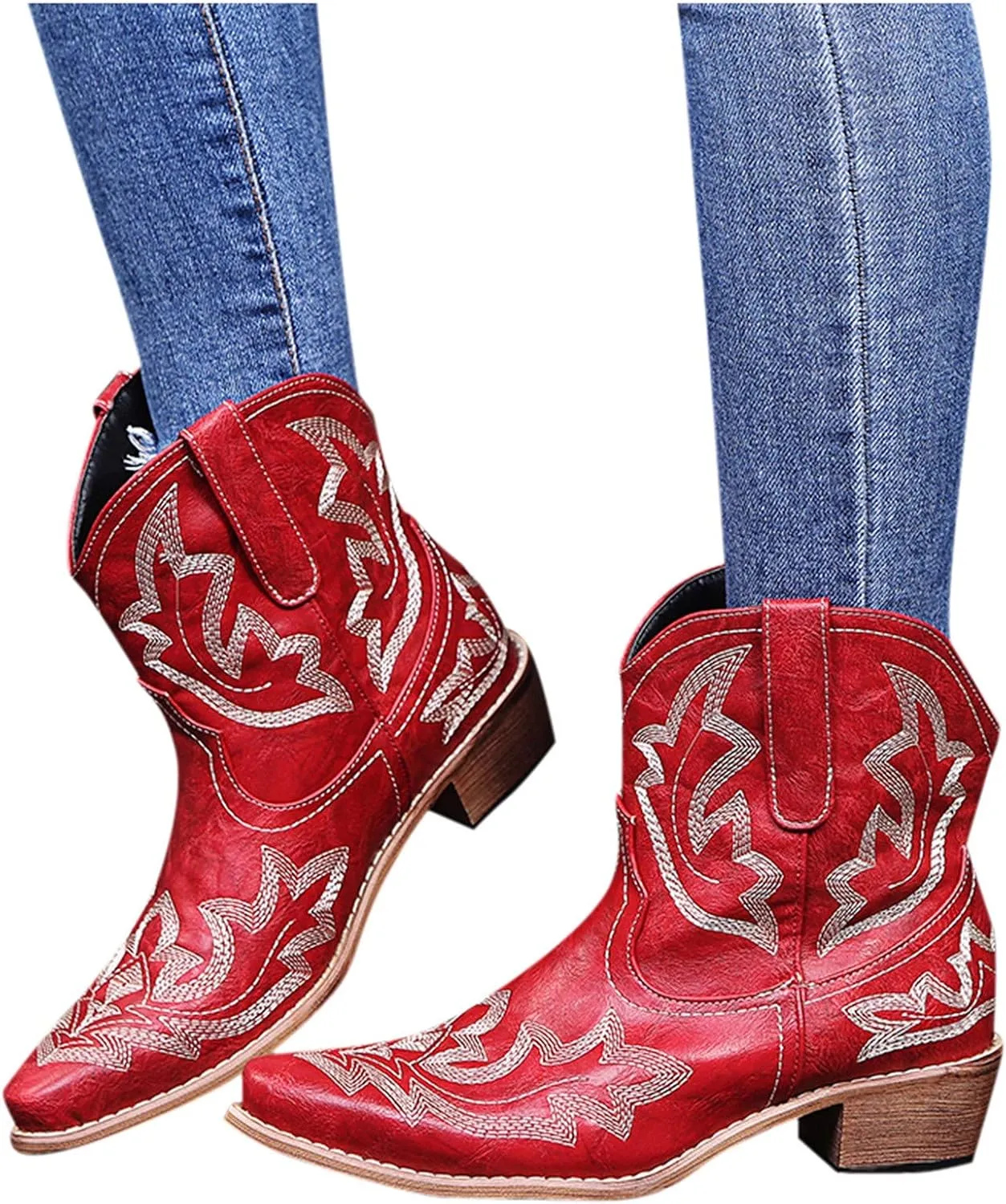 Crzidha Cowboy Boots Women,Solid Suede Pull On Tabs Ankle Boots Almond Toe Chunky Mid Heel Booties Classic Western Country Cowgirl Boots for Women Snow Winter Fall Party Shoes