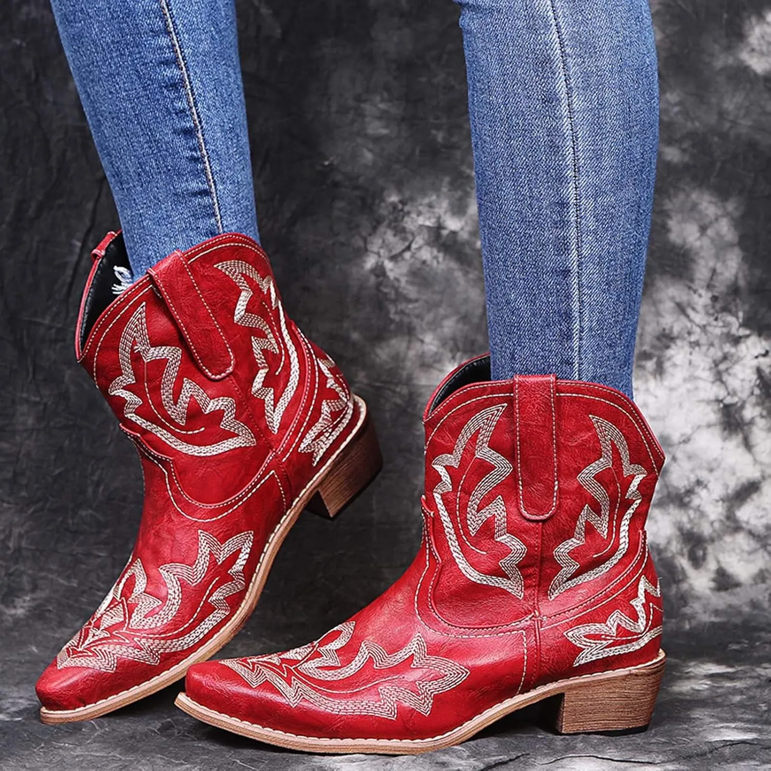 Crzidha Cowboy Boots Women,Solid Suede Pull On Tabs Ankle Boots Almond Toe Chunky Mid Heel Booties Classic Western Country Cowgirl Boots for Women Snow Winter Fall Party Shoes