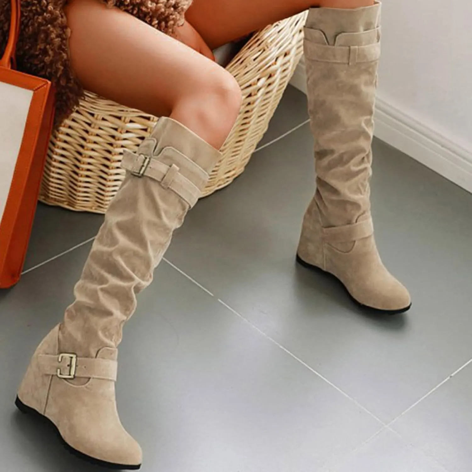 Crzidha Western Cowboy Boots for Women Almond Toe Wide Calf Slip On Tall Boots with Adjustable Buckle Strap Comfy Winter Fall Walking Hidden Wedge Arch Support Hiking Party Boots for women