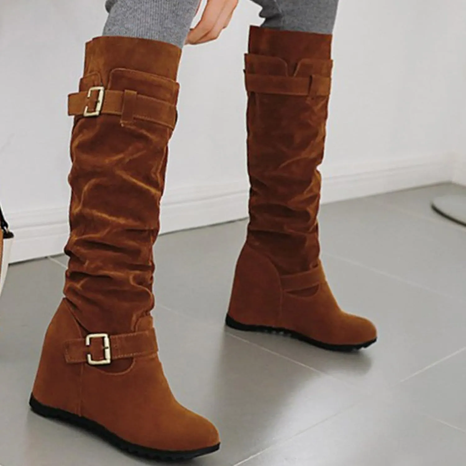 Crzidha Western Cowboy Boots for Women Almond Toe Wide Calf Slip On Tall Boots with Adjustable Buckle Strap Comfy Winter Fall Walking Hidden Wedge Arch Support Hiking Party Boots for women
