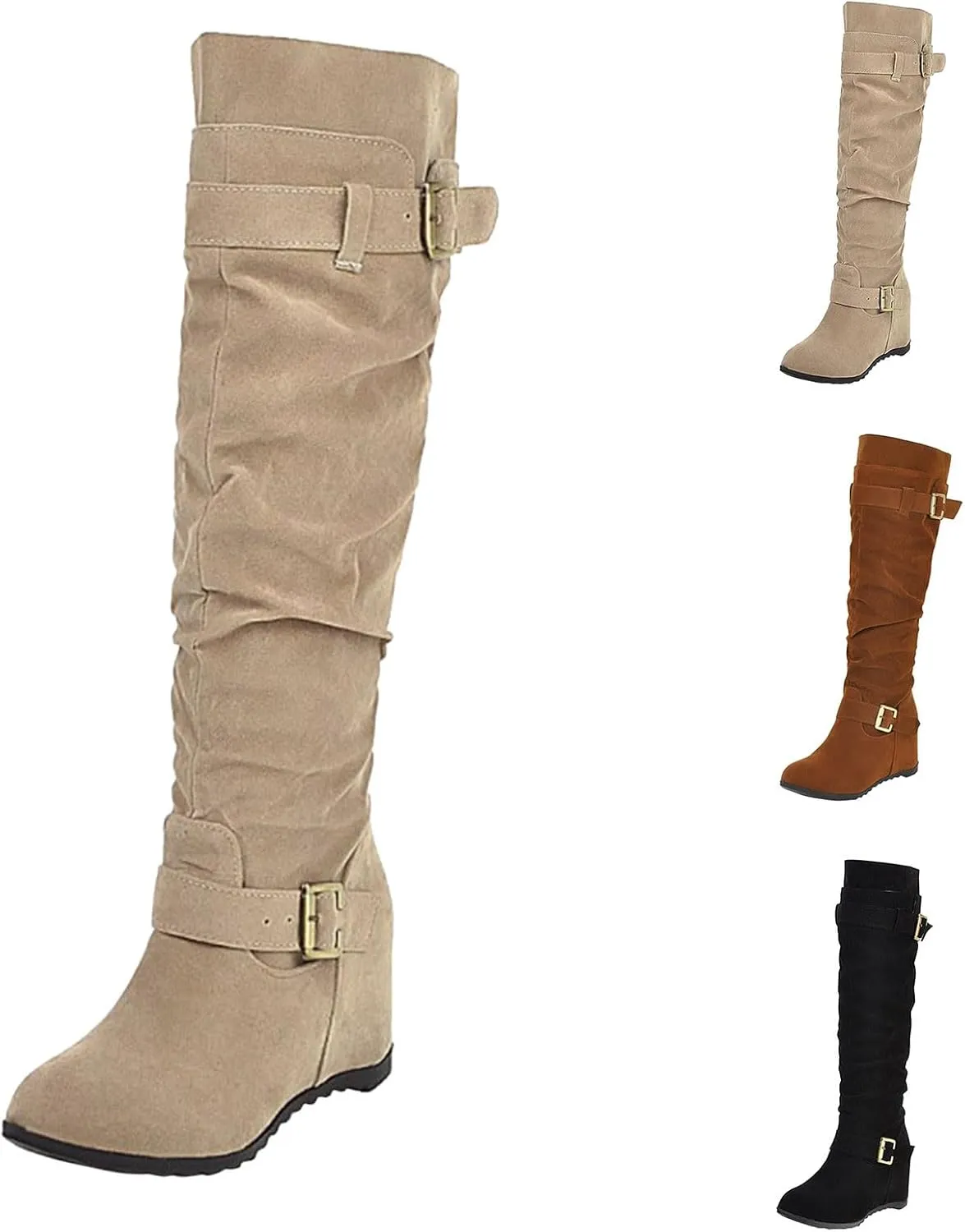 Crzidha Western Cowboy Boots for Women Almond Toe Wide Calf Slip On Tall Boots with Adjustable Buckle Strap Comfy Winter Fall Walking Hidden Wedge Arch Support Hiking Party Boots for women