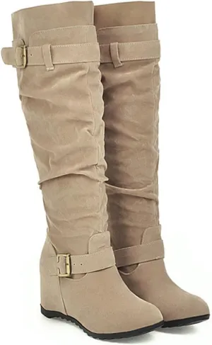 Crzidha Western Cowboy Boots for Women Almond Toe Wide Calf Slip On Tall Boots with Adjustable Buckle Strap Comfy Winter Fall Walking Hidden Wedge Arch Support Hiking Party Boots for women