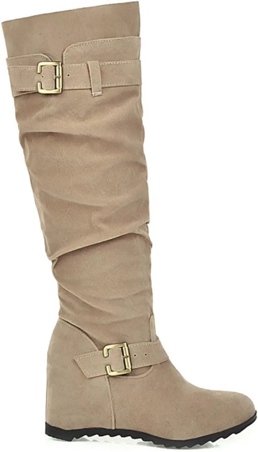 Crzidha Western Cowboy Boots for Women Almond Toe Wide Calf Slip On Tall Boots with Adjustable Buckle Strap Comfy Winter Fall Walking Hidden Wedge Arch Support Hiking Party Boots for women