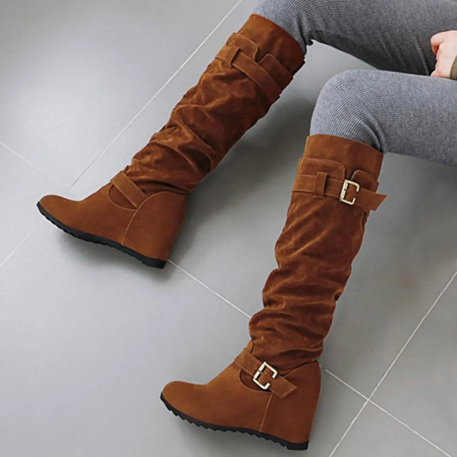 Crzidha Western Cowboy Boots for Women Almond Toe Wide Calf Slip On Tall Boots with Adjustable Buckle Strap Comfy Winter Fall Walking Hidden Wedge Arch Support Hiking Party Boots for women