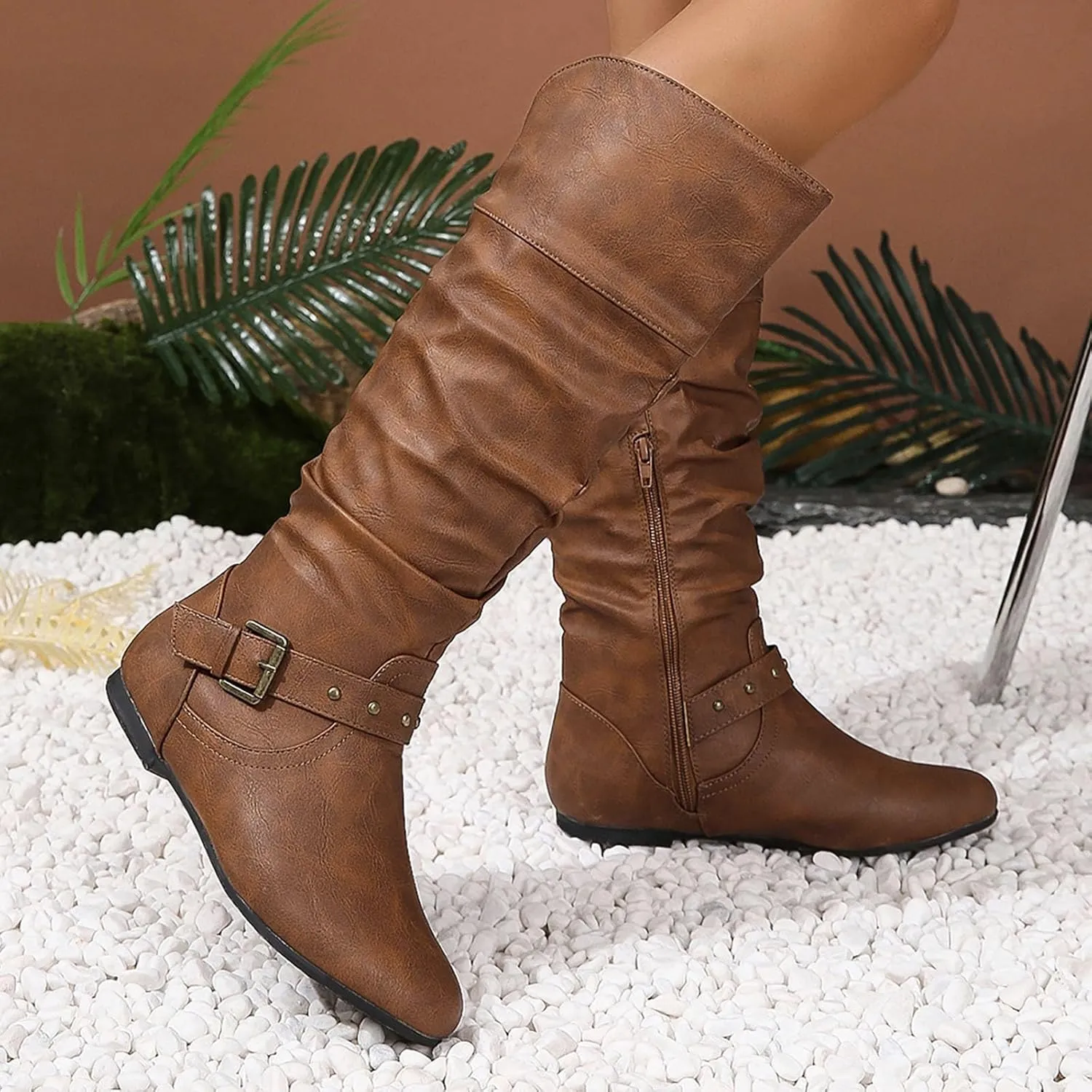 Crzidha Western Cowboy Boots for Women Almond Toe Wide Calf Slip On Tall Boots with Adjustable Buckle Strap Comfy Winter Fall Walking Hidden Wedge Arch Support Hiking Party Boots for women