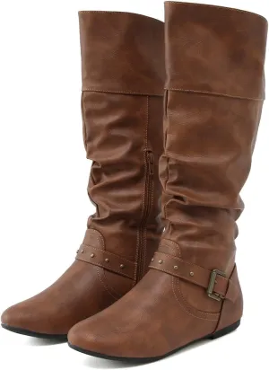 Crzidha Western Cowboy Boots for Women Almond Toe Wide Calf Slip On Tall Boots with Adjustable Buckle Strap Comfy Winter Fall Walking Hidden Wedge Arch Support Hiking Party Boots for women
