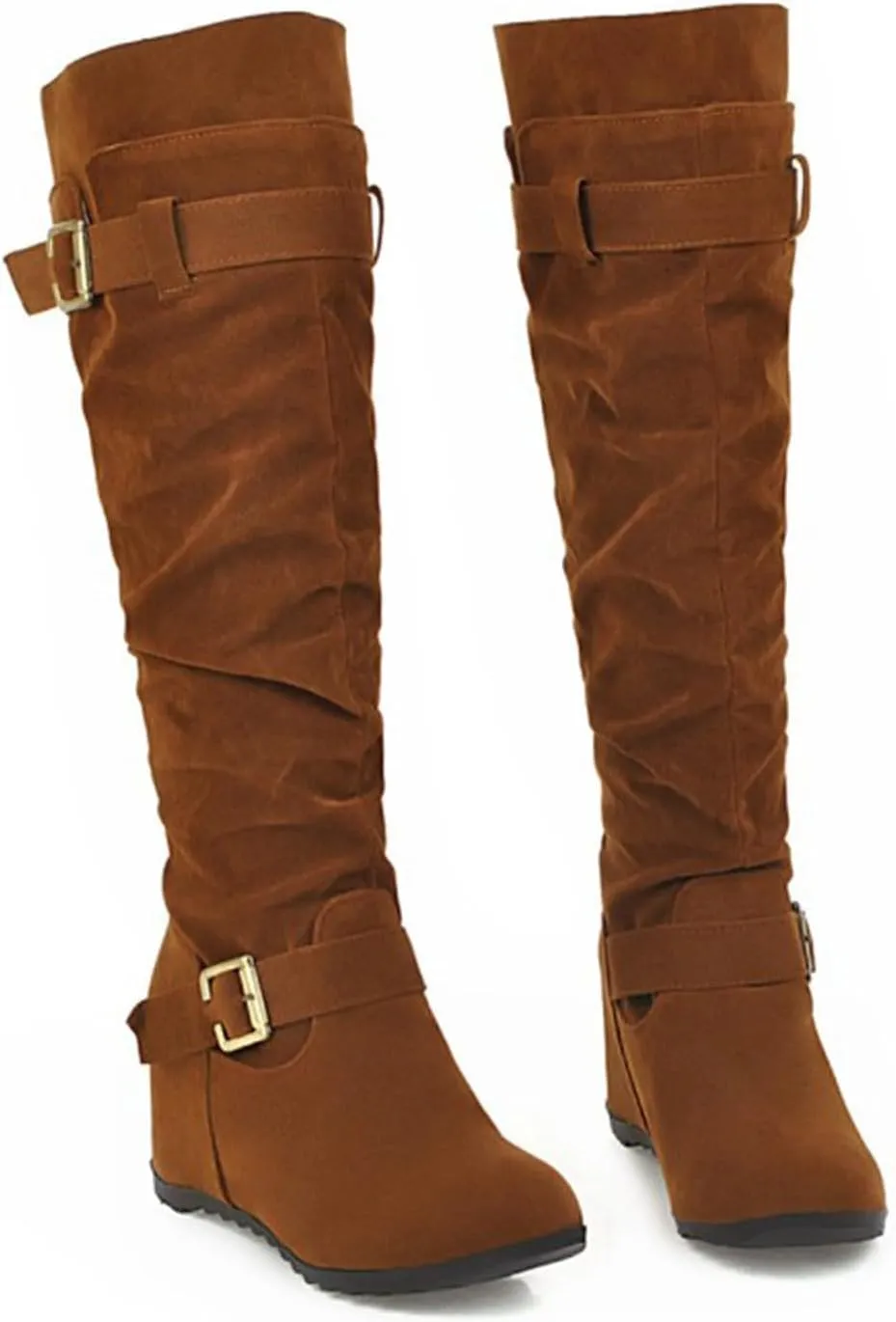 Crzidha Western Cowboy Boots for Women Almond Toe Wide Calf Slip On Tall Boots with Adjustable Buckle Strap Comfy Winter Fall Walking Hidden Wedge Arch Support Hiking Party Boots for women