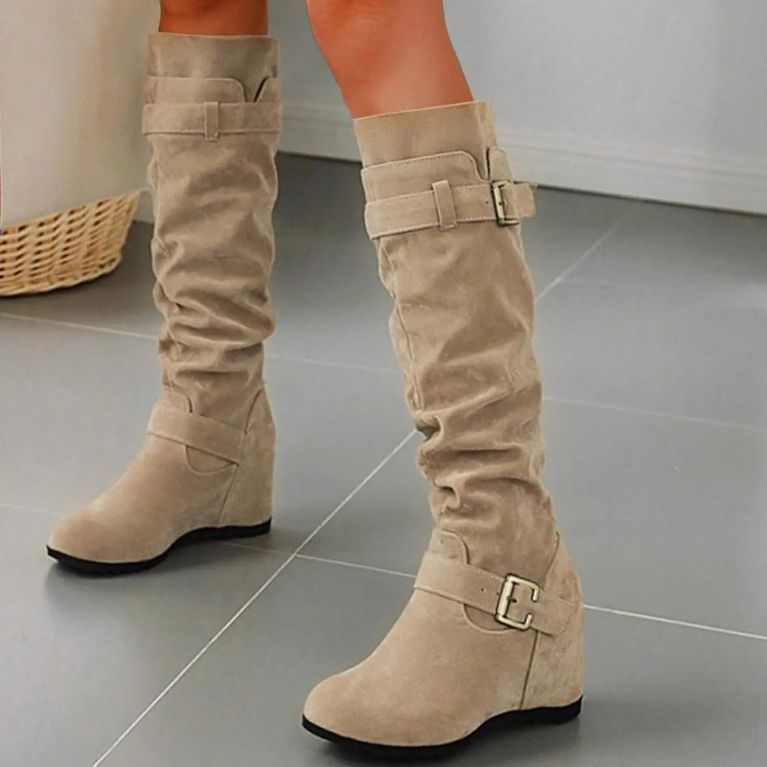 Crzidha Western Cowboy Boots for Women Almond Toe Wide Calf Slip On Tall Boots with Adjustable Buckle Strap Comfy Winter Fall Walking Hidden Wedge Arch Support Hiking Party Boots for women