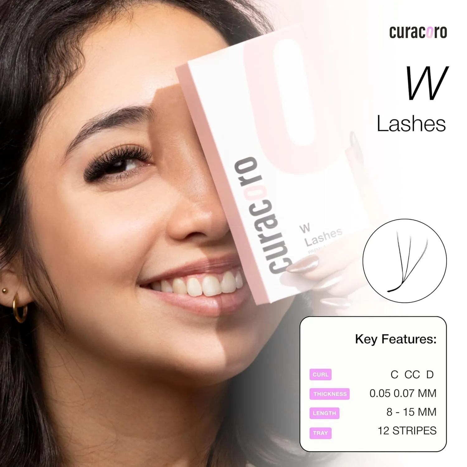 Curacoro W Eyelashes Extensions - 3D Handmade Volume Eyelashes, C CC D Curl, Thickness 0.05~0.07mm, 9-15mm Length Mixed Tray, Full Fluffy Volume Look, Long Lasting & Easy Application