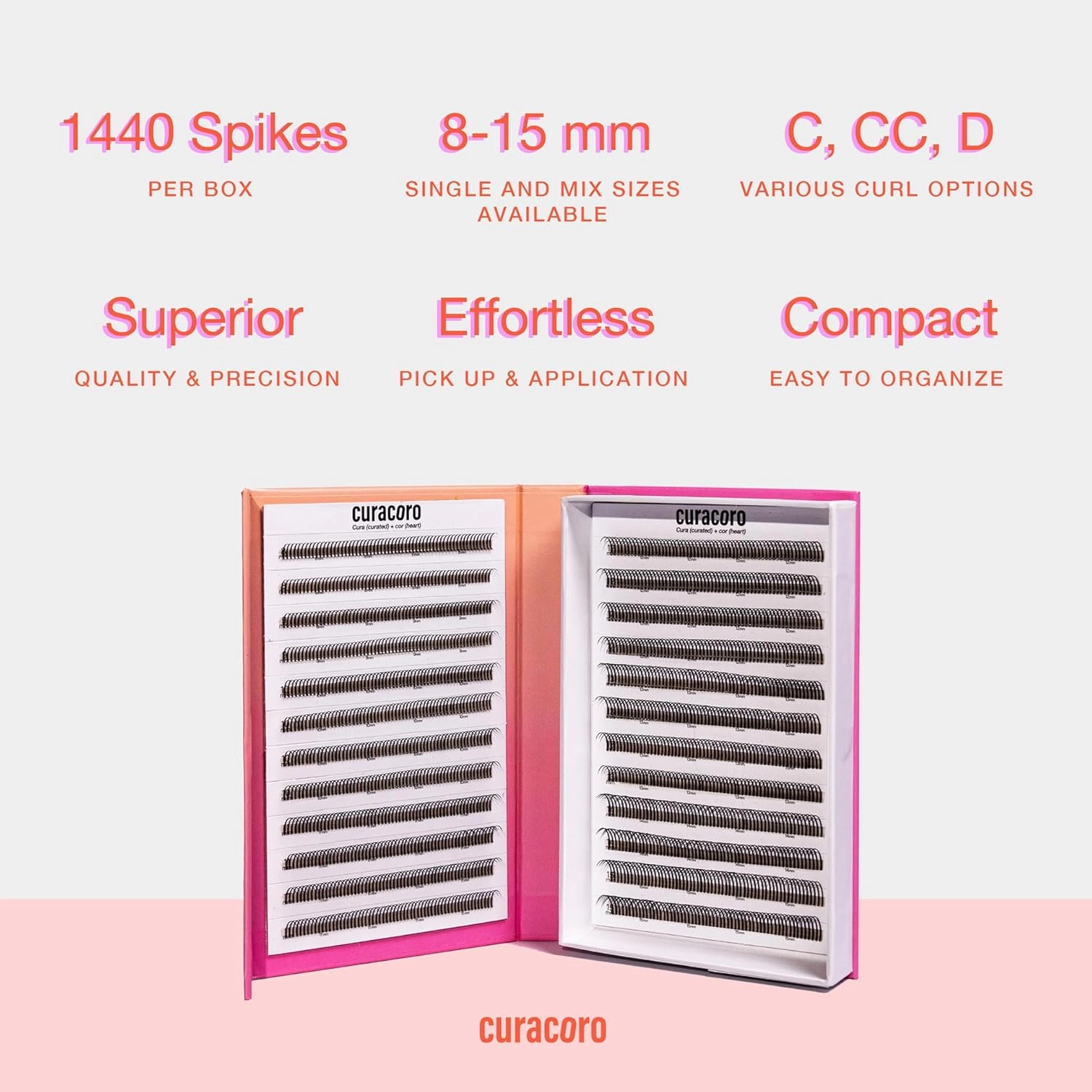 Curacoro LashFolio Wet Promade Fans, Handmade Volume Eyelashes, 5D To 10D, C CC D Curl, 0.03~0.07 mm, 8-13mm Mix Length, Professional Long-Lasting Promade Lash Fans (5D-0.07 CC 8mm-13mm)