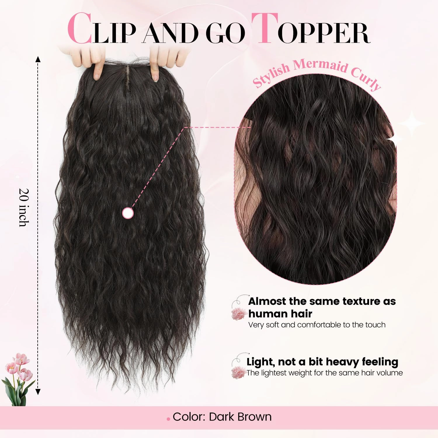 Curly Hair Topper Lightweight, Natural-Looking Hairpiece for Women, Easy Clip-In Hair Extensions for Instant Volume & Coverage(20",Dark Brown)