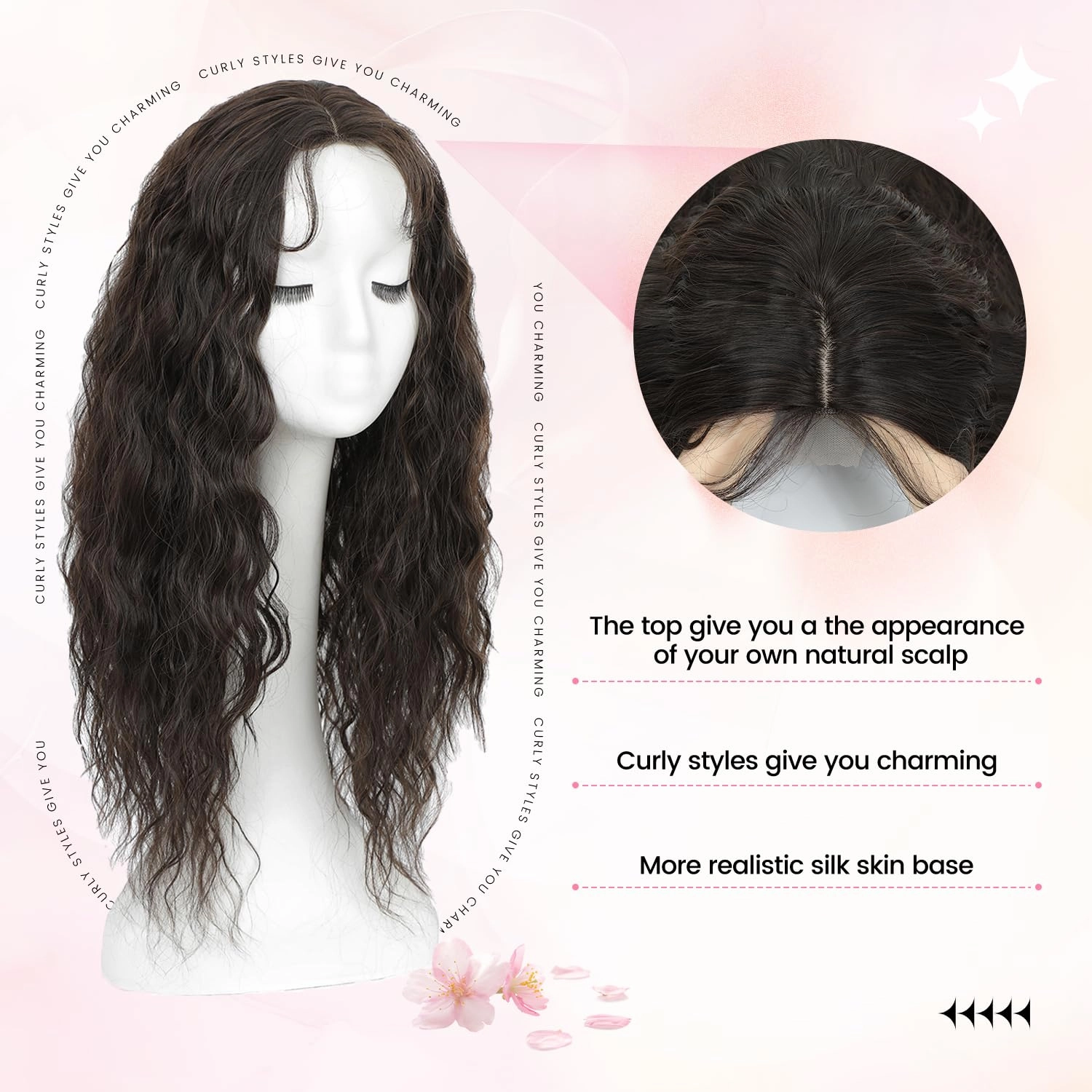 Curly Hair Topper Lightweight, Natural-Looking Hairpiece for Women, Easy Clip-In Hair Extensions for Instant Volume & Coverage(20",Dark Brown)