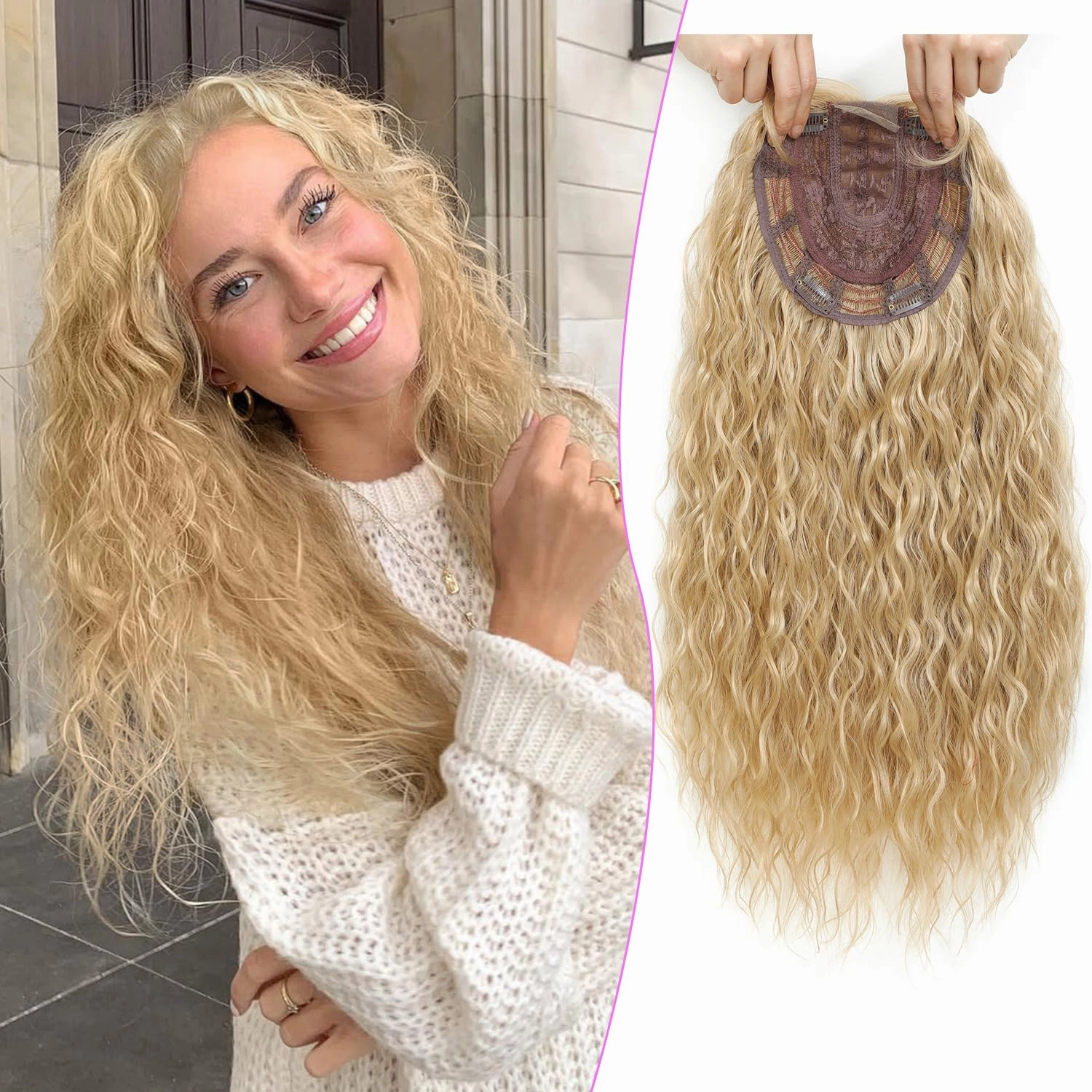 Curly Hair Toppers For Women with Thinning Hair Synthetic 6.5’’x6.5’’ Ladies Wiglets Full Coverage Blonde Topper Perfect for Daily, Holiday, Style