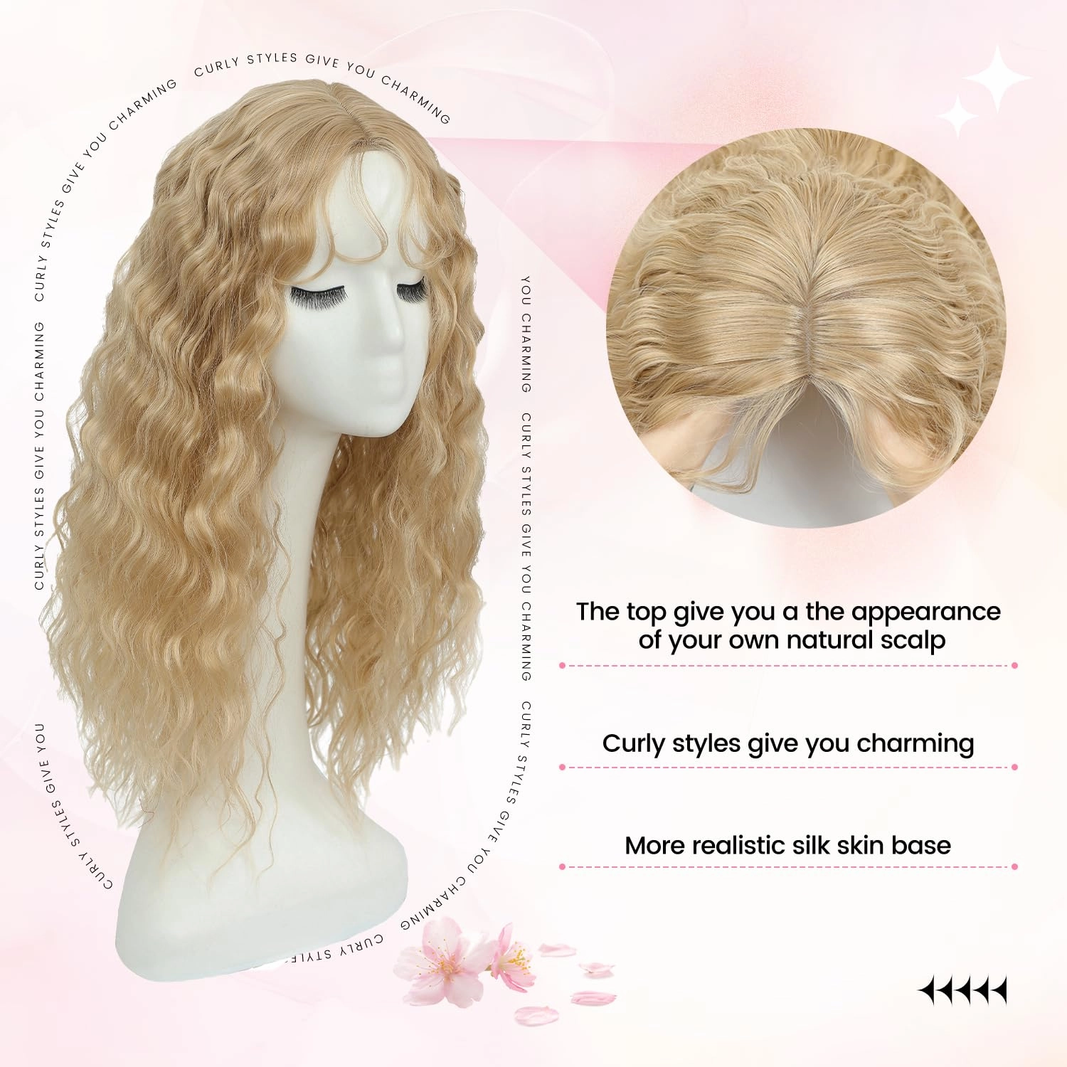 Curly Hair Toppers For Women with Thinning Hair Synthetic 6.5’’x6.5’’ Ladies Wiglets Full Coverage Blonde Topper Perfect for Daily, Holiday, Style