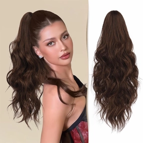 Curly Wavy Ponytail - 18" Claw Clip Hair Extensions, Soft Synthetic Pony Tails - Brown & Light Auburn Mixed
