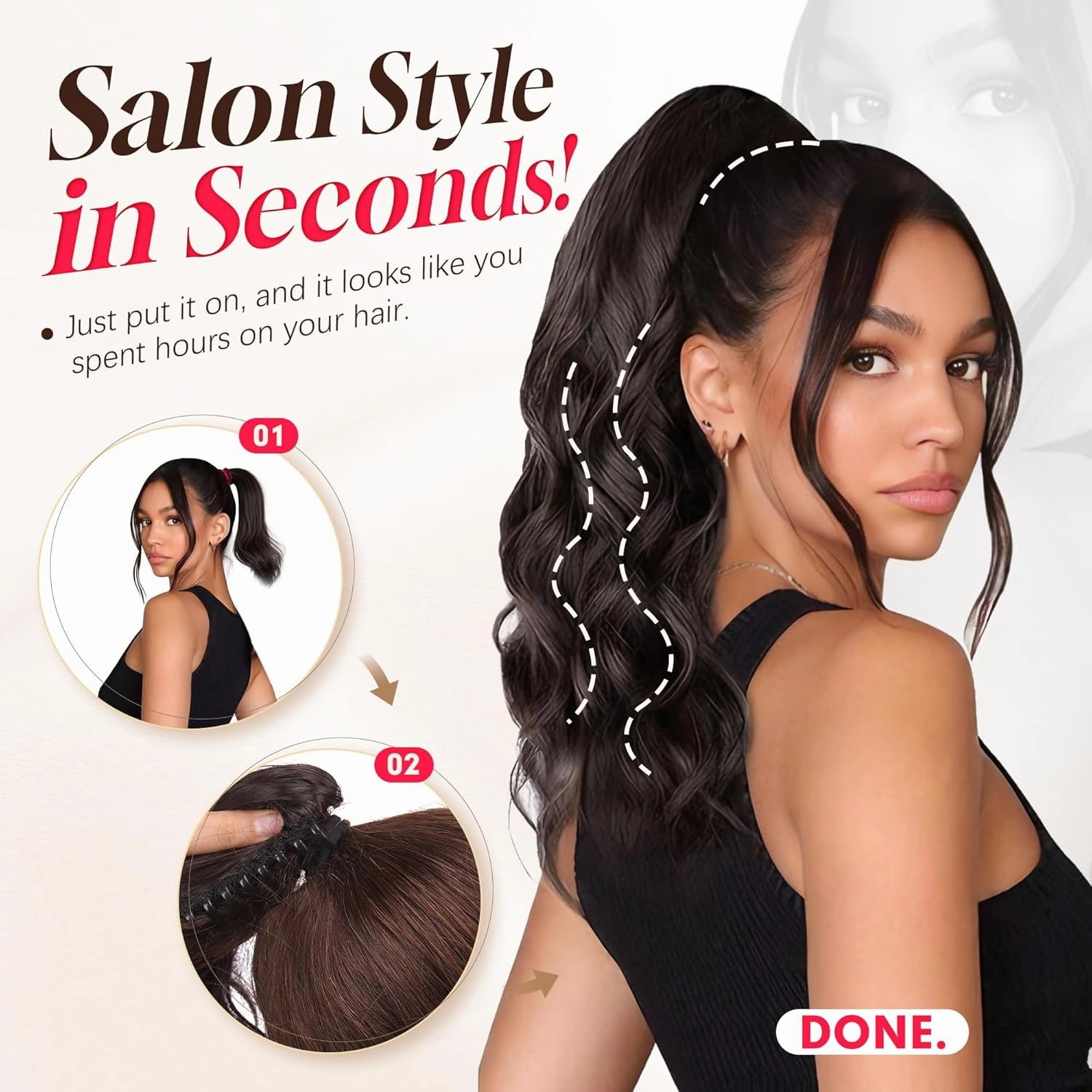 Curly Wavy Ponytail - 18" Claw Clip Hair Extensions, Soft Synthetic Pony Tails - Brown & Light Auburn Mixed