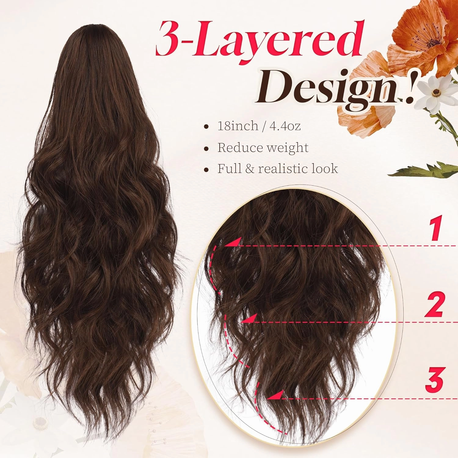 Curly Wavy Ponytail - 18" Claw Clip Hair Extensions, Soft Synthetic Pony Tails - Brown & Light Auburn Mixed