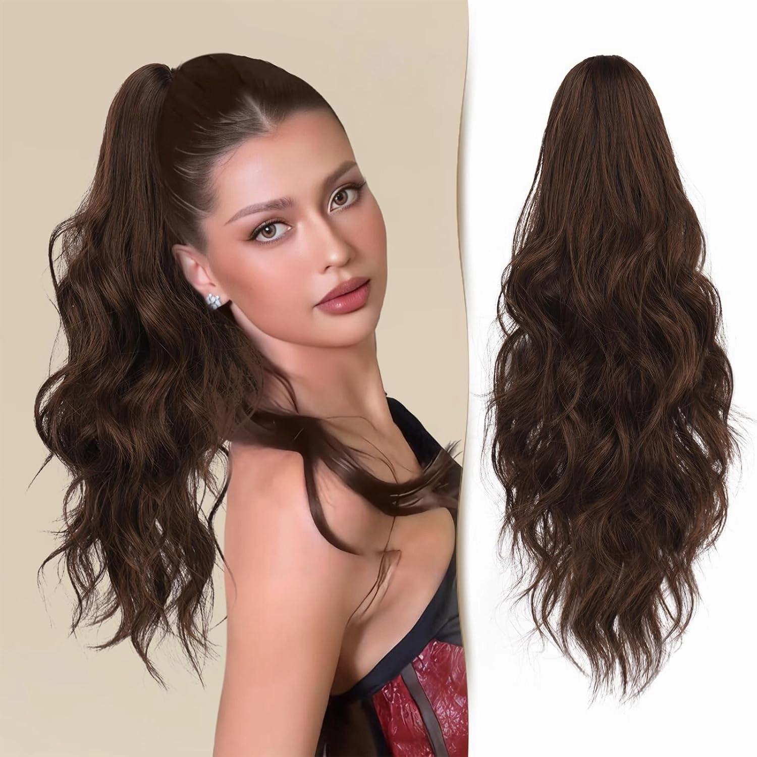Curly Wavy Ponytail - 18" Claw Clip Hair Extensions, Soft Synthetic Pony Tails - Brown & Light Auburn Mixed
