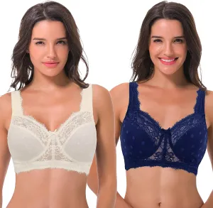 Curve Muse Women's Plus Size Minimizer Unlined Wireless Lace Full Coverage Bras