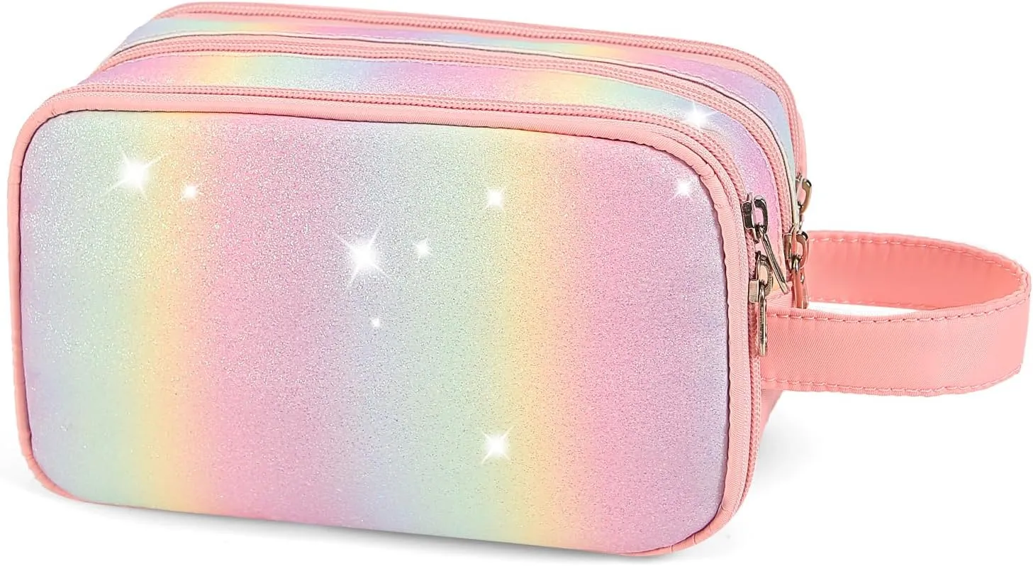 Cute Kids Toiletry Bag for Girls, Toddler Travel Makeup Bag Cosmetic Bag for Toddler Girls Gift, Glitter Pink