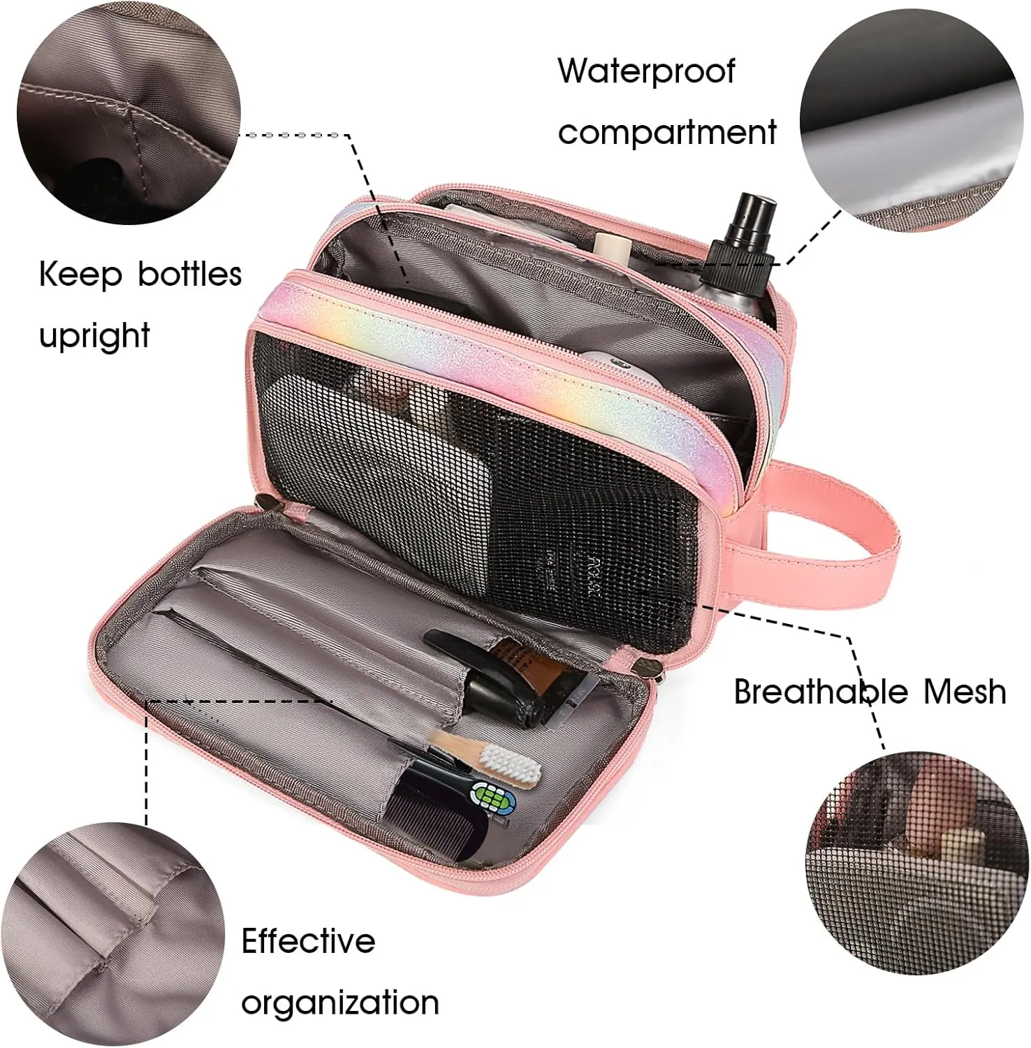 Cute Kids Toiletry Bag for Girls, Toddler Travel Makeup Bag Cosmetic Bag for Toddler Girls Gift, Glitter Pink