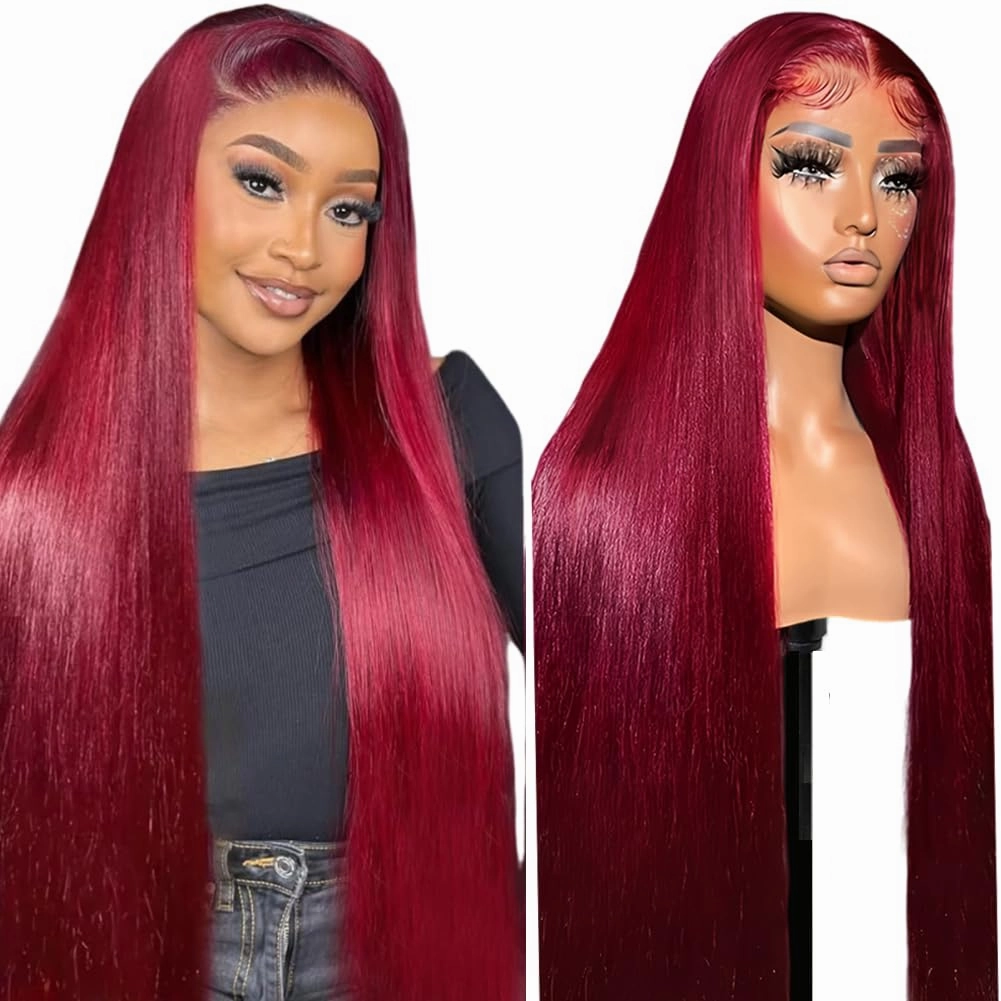 CUTE BEIN 99j Burgundy Lace Front Wigs Human Hair Glueless 30 Inch Wine Red Colored Straight Human Hair Wigs Pre Plucked with Baby Hair 180 Density 13x6 HD Transparent Frontal Wig for Black Women