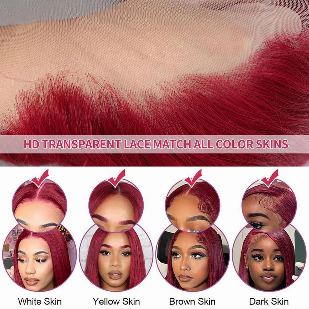 CUTE BEIN 99j Burgundy Lace Front Wigs Human Hair Glueless 30 Inch Wine Red Colored Straight Human Hair Wigs Pre Plucked with Baby Hair 180 Density 13x6 HD Transparent Frontal Wig for Black Women