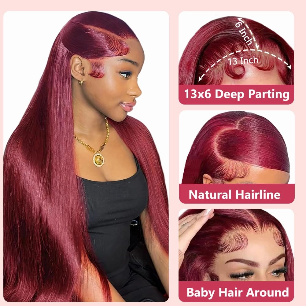 CUTE BEIN 99j Burgundy Lace Front Wigs Human Hair Glueless 30 Inch Wine Red Colored Straight Human Hair Wigs Pre Plucked with Baby Hair 180 Density 13x6 HD Transparent Frontal Wig for Black Women